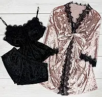 ВЫБОР ЦВЕТА Женская пижама 3в1 пижама и халат с кружевом велюр Черный+пудра