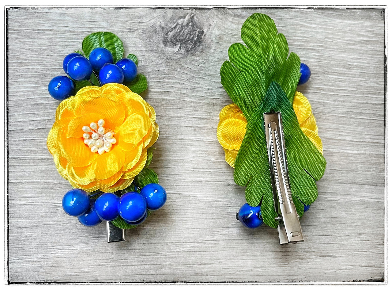 Заколка для волосся Мак з калиною синьо-жовта, фото 1