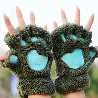 Перчатки митенки варежки пальчики полупальчики лапки лапка без пальчиков пушистые кошки зеленые детские