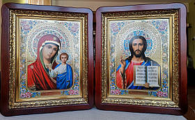 Ікони Спаситель, Богородиця Казанська в темному дерев,яному кіоті під склом, розмір кіота 52×42, лік 30×40