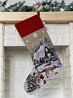 Сапожок новогодний для подарков гобеленовый 30х47 см носок чулок рождественский сапожек домик олени