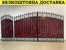 Ворота з вишневим глянцевим профнастилом та ковкою в НАЯВНОСТІ
