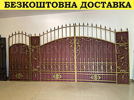 Ворота з вишневим матовим профнастилом та ковкою в НАЯВНОСТІ