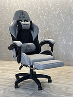 Крісло ігрове компютерне THRUST X з тканини сіро-чорне із подушками та підставкою під ноги