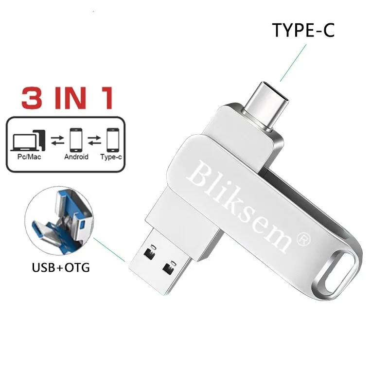 Флешка Bliksem 3в1 USB Flash Drive OTG MicroUSB + USB Type C на 64GB Метал накопичувач ЮСБ тайп с двохстороння