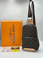 Мужская сумка слинг луи витон коричневая Louis Vuitton Sling brown ЧЁРНЫЙ РЕМЕНЬ практичная сумка через плечо