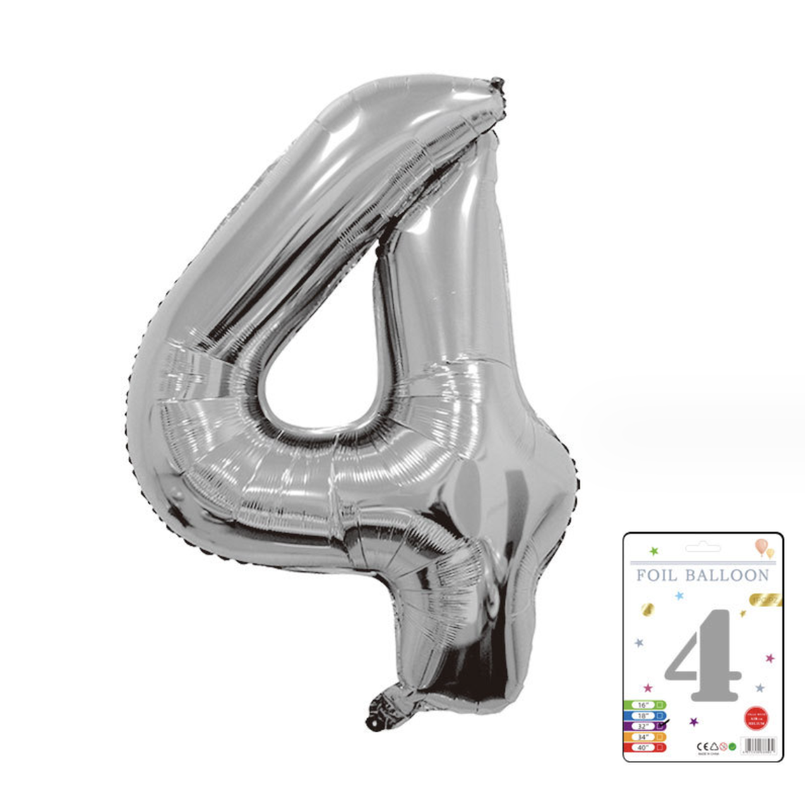 Фольгована надувна куля цифра 4, Срібло, 101,5 см