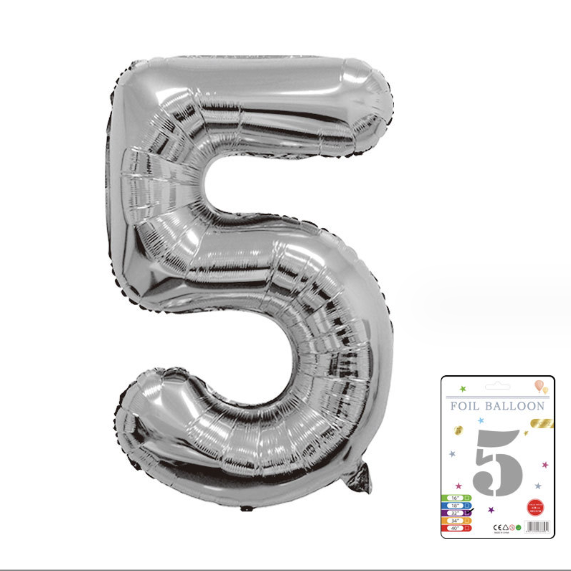 Фольгована надувна куля цифра 5, Срібло, 101,5 см
