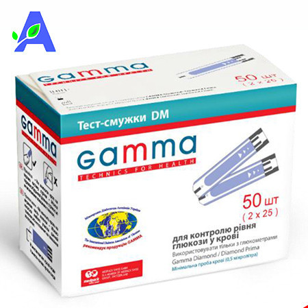 Тест смужки Gamma DM 50 шт термін придатності до 28.02.2025 для глюкометрів Gamma Diamond і Gamma Diamond Prima