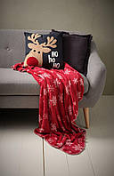 Плед 130x170 см бордовый новогодний со снежинками, теплый плед на зиму