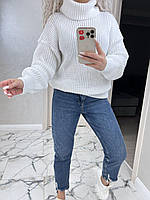 Женский теплый свитер плотная вязка с длинными и широкими рукавами на резинке (Оnesize 42-52), Белый