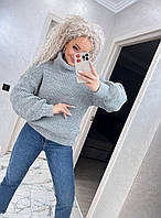 Женский теплый свитер плотная вязка с длинными и широкими рукавами на резинке (Оnesize 42-52), Серый
