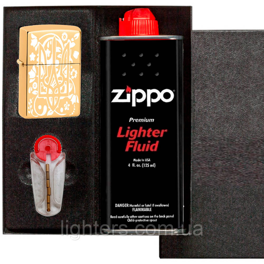 Запальничка Zippo Герб України, набір запальничка зипо, бензин і кремній зипо 254U1
