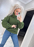 Женский теплый свитер плотная вязка с длинными и широкими рукавами на резинке (Оnesize 42-52), Хаки