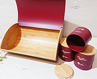 Хлебница Zepline ZP-042 из бамбука и металла с баночками для сыпучих продуктов 3шт, красная