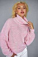 Нежно-розовый женский укороченный свитер с высоким воротником под шею 42-46, 48-52