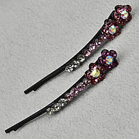 Невидимки для волосся металеві чорного кольору з квіточками з рожевими кристалами 2 штуки довжина 6 см