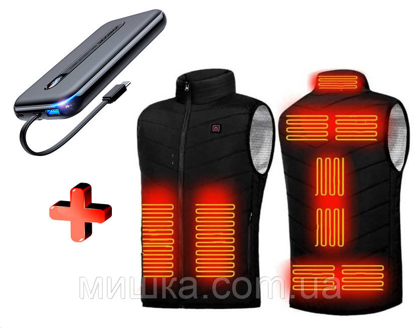 Жилет з підігрівом з Повербанком 10000 mAh, всі розміри, сім зон нагріву, для туризму, риболовлі, відпочинку, фото 1