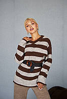 Вязаный длинный женский свитер в полоску без воротника с добавлением шерсти и мохера 42-46, 48-52