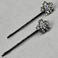 Невидимки для волосся металеві чорного кольору квіточки з білими стразами, що переливаються, 2 штуки довжина 6 см