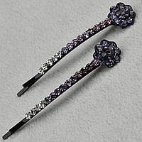 Невидимки для волосся металеві чорного кольору квіточок із фіолетовими кристалами 2 штуки довжина 6 см