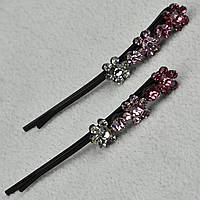 Невидимки для волосся металеві чорного кольору квіточки з рожевими кристалами 2 штуки довжина 6 см