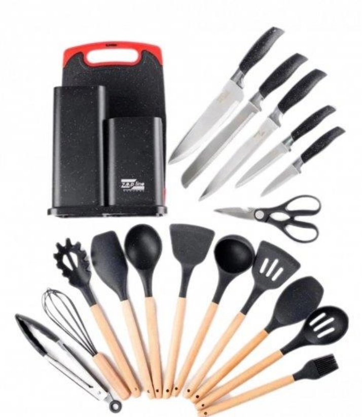 Набір Zepline ZP -067 ножі з набором кухонного приладдя та дощечкою (19 предметів) на підставці