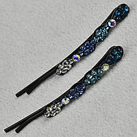 Невидимки для волосся металеві чорного кольору бантики із синіми кристалами, що переливаються, 2 шт. довжина 6 см