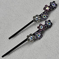 Невидимки для волосся металеві чорного кольору з квіточками з кристалами, що переливаються, 2 штуки довжина 6 см