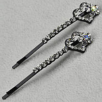 Невидимки для волосся металеві чорного кольору серця з кристалами, що переливаються, 2 штуки довжина 6 см