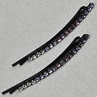 Невидимки для волосся металеві чорного кольору з фіолетовими стразами, що переливаються, 2 штуки довжина 6 см
