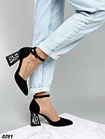 Женские открытые туфли на высоком каблуке черные экозамша с острым носиком 36