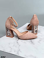 Женские открытые туфли на высоком каблуке бежевые экозамша с острым носиком 36