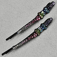 Невидимки для волосся металеві чорного кольору бантики з різнобарвними кристалами 2 штуки довжина 6 см