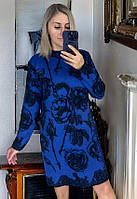 Женское синее платье выше колена с длинным рукавом