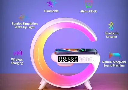 Нічник — годинник акумуляторний Rgb Mini G63 з бездротовою зарядкою 10W, Bluetooth колонкою настільний смарт, фото 1