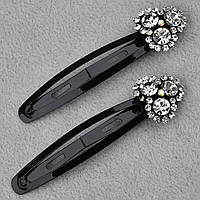Шпилька тик так для волосся металева чорного кольору квіточок із білими кристалами 2 штуки довжина 7 см