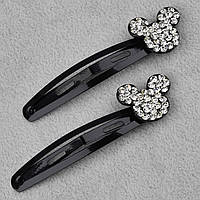 Шпилька тик так для волосся металева чорного кольору Мікі Маус із білими кристалами 2 штуки довжина 7 см