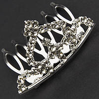 Коронка з гребінцем дитяча маленька висота 25 мм металевого сріблястого кольору з кристалами ширина 35 мм