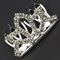 Коронка з гребінцем дитяча маленька висота 25 мм металевого сріблястого кольору з кристалами ширина 35 мм