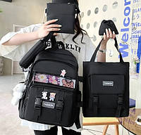 Детский школьный рюкзак 5 в 1 с брелком мишкой сумка шопер пенал черный