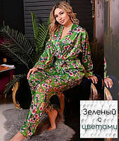 Пижама оптом женская шелковая, комплект для сна (кофта на запах + штаны) р.42 46 48
