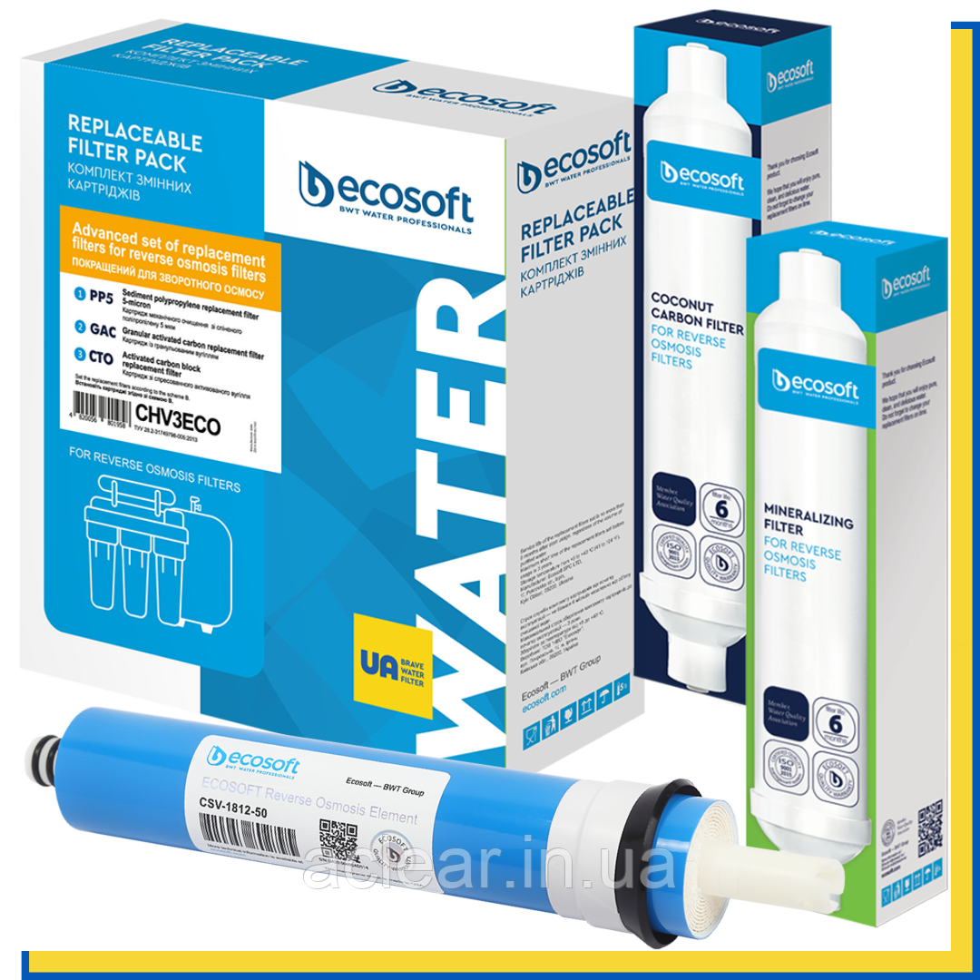 Мембрана Ecosoft + Мінералізатор + Постфільтр + Поліпшені картриджі Ecosoft для Осмосу