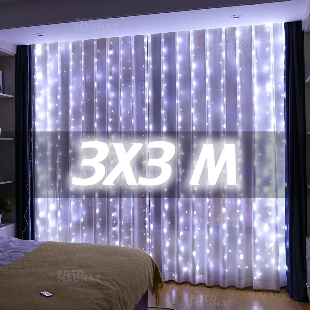 Гірлянда штора USB, 3х3 м, 3 різні кольори, 10 гачківі, 8 режимів, пульт, 300 Led, Гірлянда від повербанка, фото 1