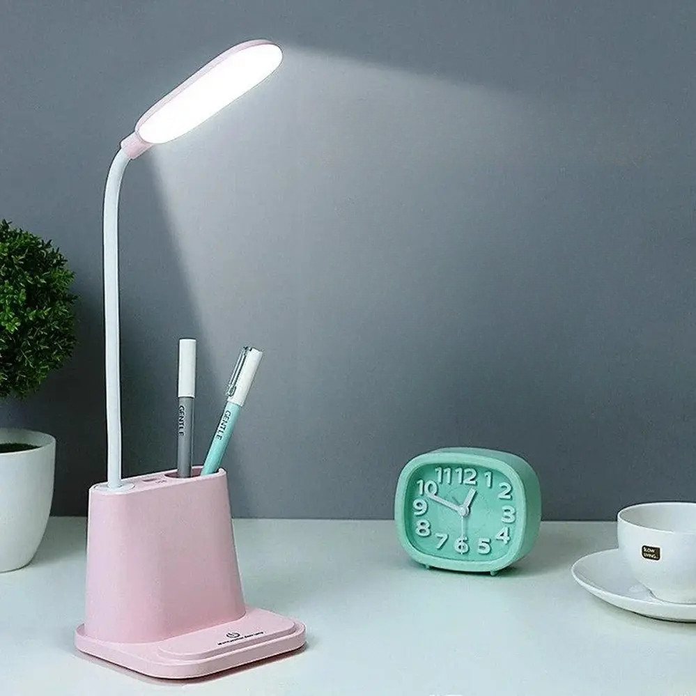 LED Лампа настільна світлодіодна Рожева Сенсорна з підставкою тримачем для телефону ручок і зарядкою, фото 1