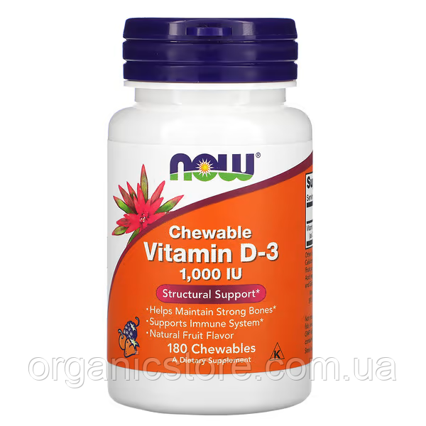 Жувальний вітамін D3, NOW Foods, 1000 МО, з фруктовим смаком, 180 жувальних таблеток