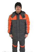 Куртка рабочая зимняя ТЕХНИК утепленная удлиненная с капюшоном серая с оранжевыми вставками