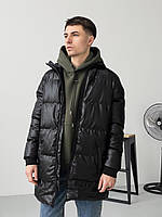 Мужская куртка зимняя (черная монохром) красивая длинная стеганная курточка с капюшоном кожзам А5007 siyah