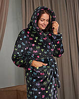 Женский стильный домашний махровый халат с капюшоном чёрный Пинк 46,48,50,52,54,56 56
