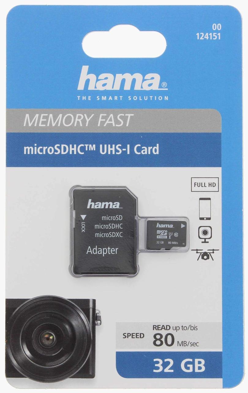 Карта Hama microSDHC 32GB Class 10 UHS-I 80MB/s + SD Adapter (00139505)